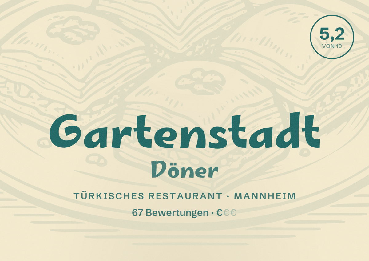 Illustriertes Poster von Gartenstadt Döner, Türkisches Restaurant in Mannheim: Bewertung 5,2 von 10 aus 67 Bewertungen, Preisniveau €