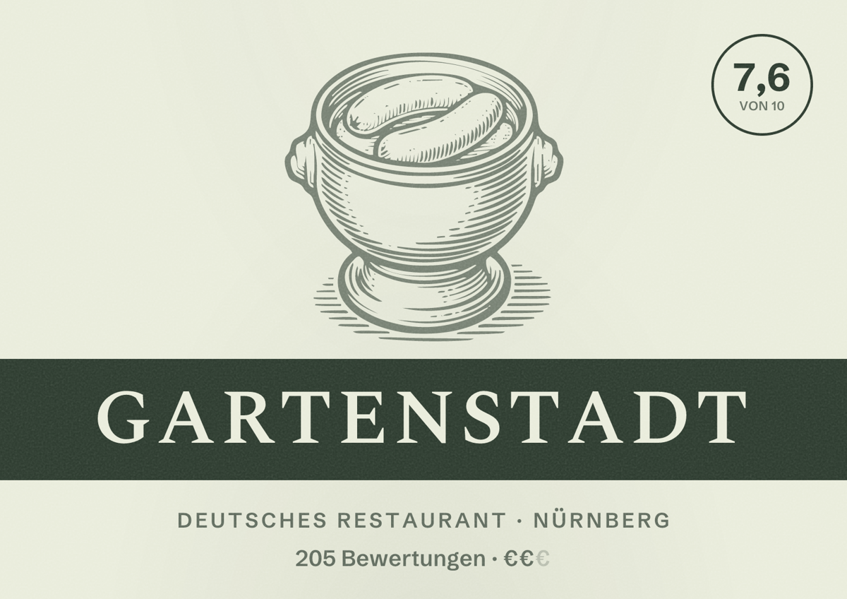 Illustriertes Poster von Gartenstadt, Deutsches Restaurant in Nürnberg: Bewertung 7,6 von 10 aus 205 Bewertungen, Preisniveau €€