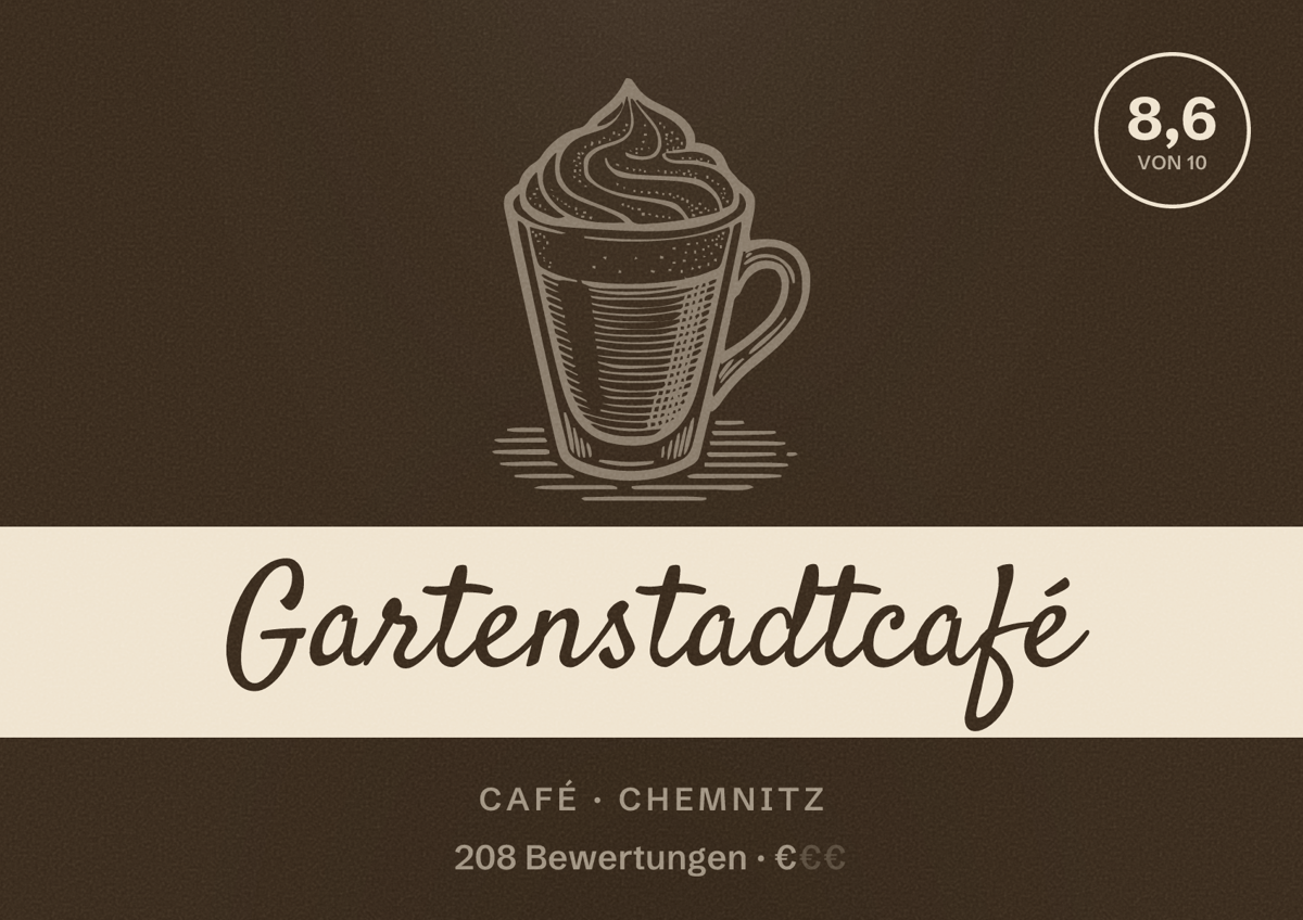 Illustriertes Poster von Gartenstadtcafé, Café in Chemnitz: Bewertung 8,6 von 10 aus 208 Bewertungen, Preisniveau €