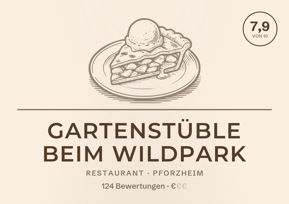 Illustriertes Poster von Gartenstüble beim Wildpark, Restaurant in Pforzheim: Bewertung 7,9 von 10 aus 124 Bewertungen, Preisniveau €