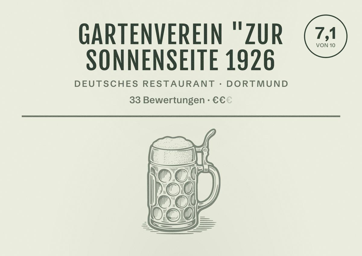 Illustriertes Poster von Gartenverein "Zur Sonnenseite 1926, Deutsches Restaurant in Dortmund: Bewertung 7,1 von 10 aus 33 Bewertungen, Preisniveau €€