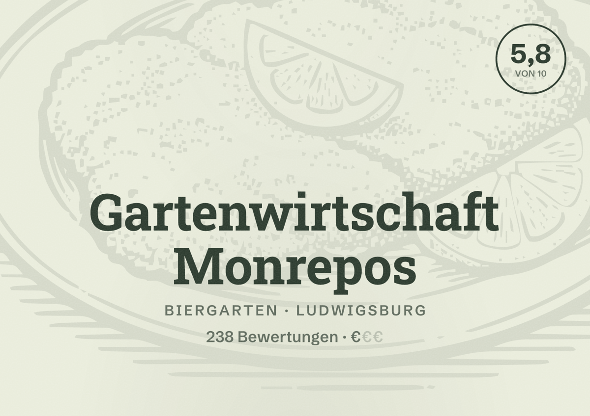 Illustriertes Poster von Gartenwirtschaft Monrepos, Biergarten in Ludwigsburg: Bewertung 5,8 von 10 aus 238 Bewertungen, Preisniveau €