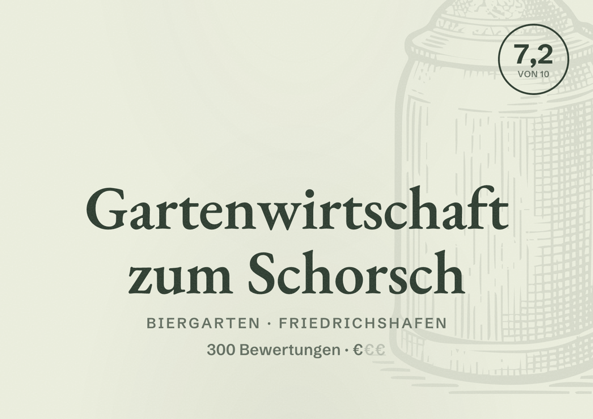 Illustriertes Poster von Gartenwirtschaft zum Schorsch, Biergarten in Friedrichshafen: Bewertung 7,2 von 10 aus 300 Bewertungen, Preisniveau €