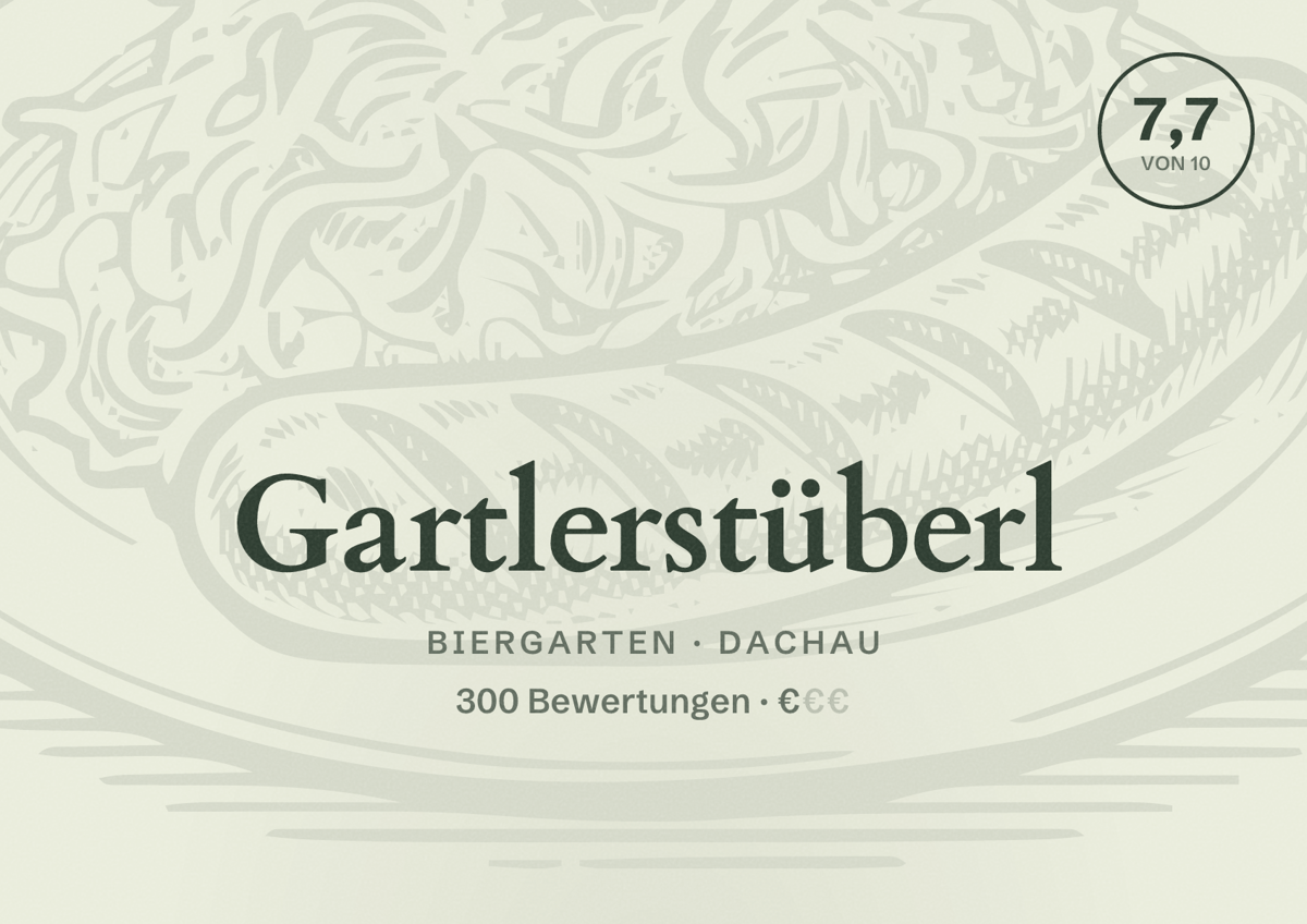Illustriertes Poster von Gartlerstüberl, Biergarten in Dachau: Bewertung 7,7 von 10 aus 300 Bewertungen, Preisniveau €