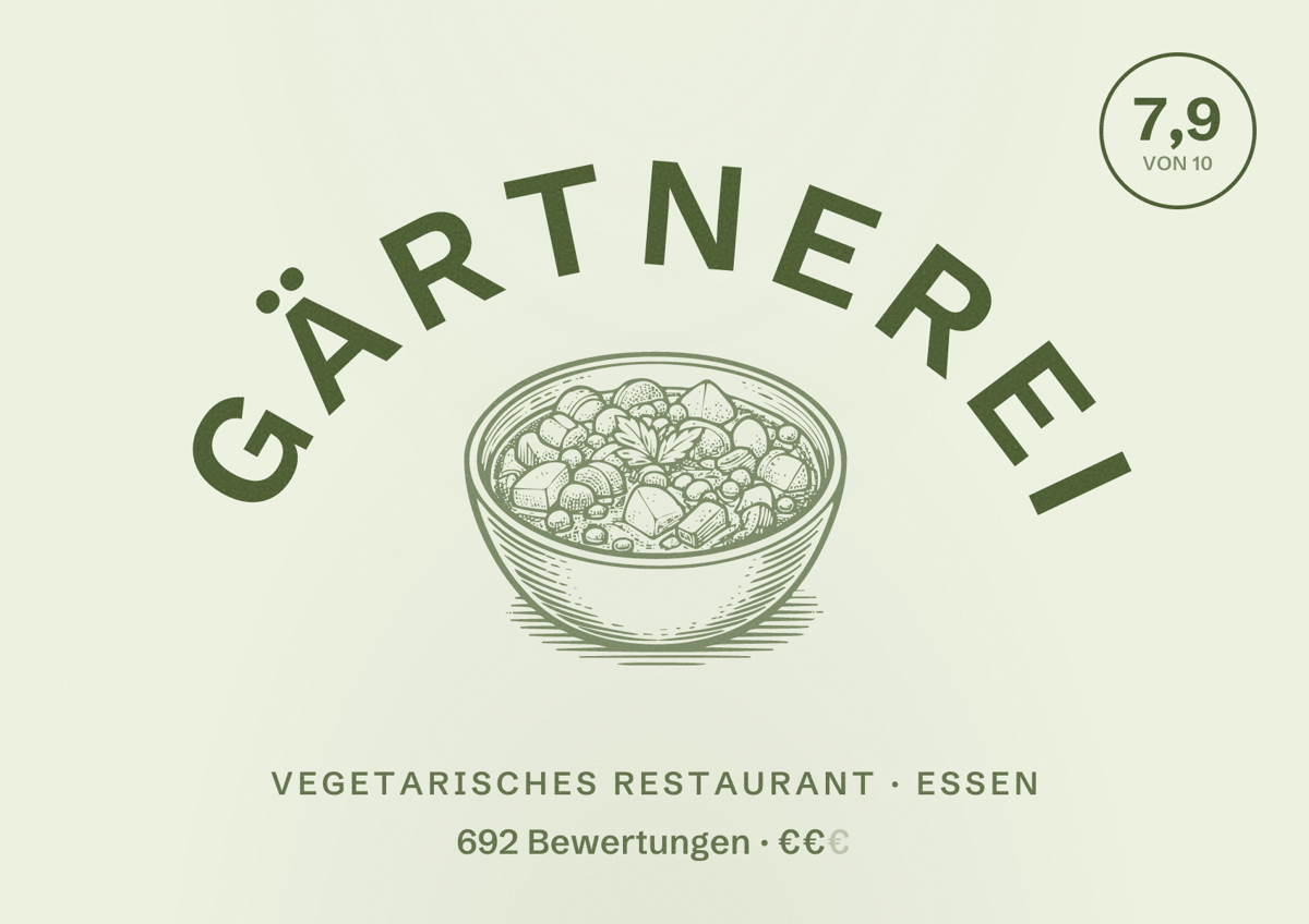Illustriertes Poster von Gärtnerei, Vegetarisches Restaurant in Essen: Bewertung 7,9 von 10 aus 692 Bewertungen, Preisniveau €€