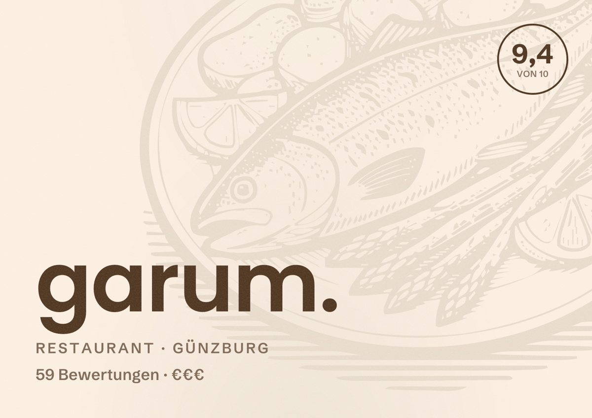 Illustriertes Poster von garum., Restaurant in Günzburg: Bewertung 9,4 von 10 aus 59 Bewertungen, Preisniveau €€€