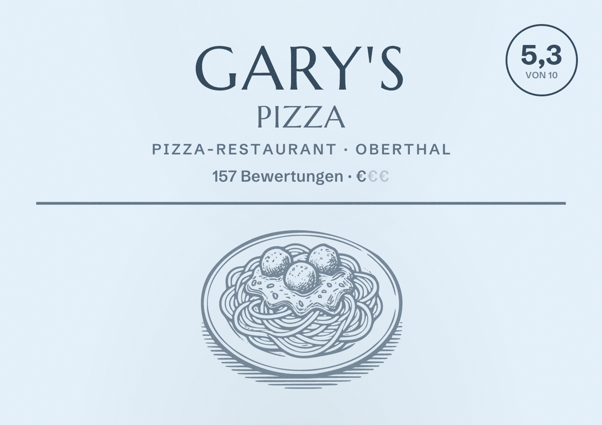 Illustriertes Poster von Gary's Pizza, Pizza-Restaurant in Oberthal: Bewertung 5,3 von 10 aus 157 Bewertungen, Preisniveau €