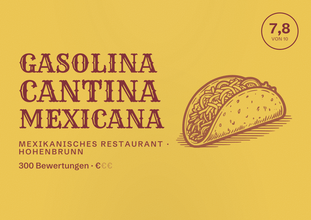 Illustriertes Poster von Gasolina Cantina Mexicana, Mexikanisches Restaurant in Hohenbrunn: Bewertung 7,8 von 10 aus 300 Bewertungen, Preisniveau €