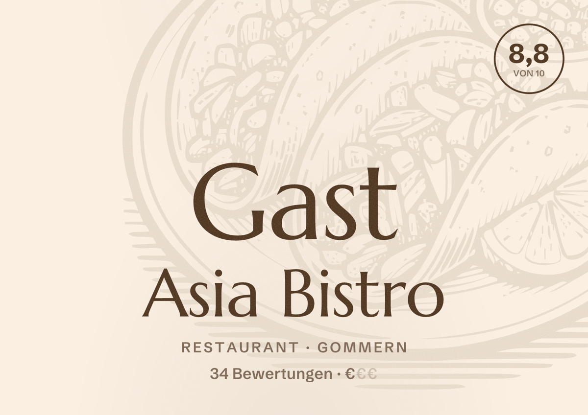 Illustriertes Poster von Gast Asia Bistro, Restaurant in Gommern: Bewertung 8,8 von 10 aus 34 Bewertungen, Preisniveau €