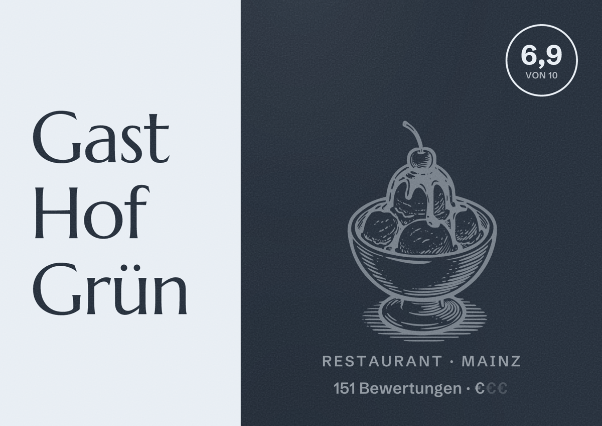 Illustriertes Poster von Gast Hof Grün, Restaurant in Mainz: Bewertung 6,9 von 10 aus 151 Bewertungen, Preisniveau €