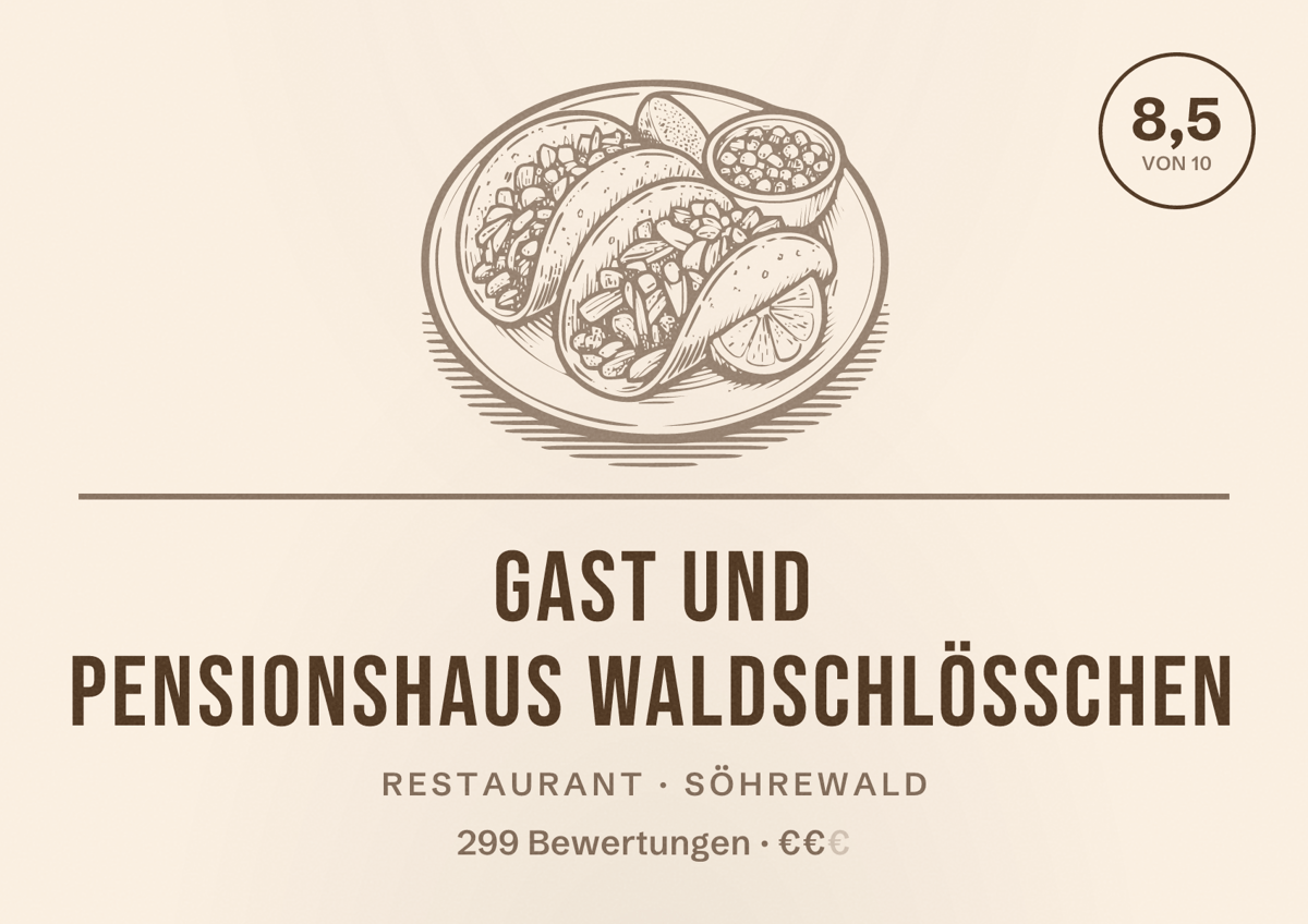 Illustriertes Poster von Gast und Pensionshaus Waldschlößchen, Restaurant in Söhrewald: Bewertung 8,5 von 10 aus 299 Bewertungen, Preisniveau €€