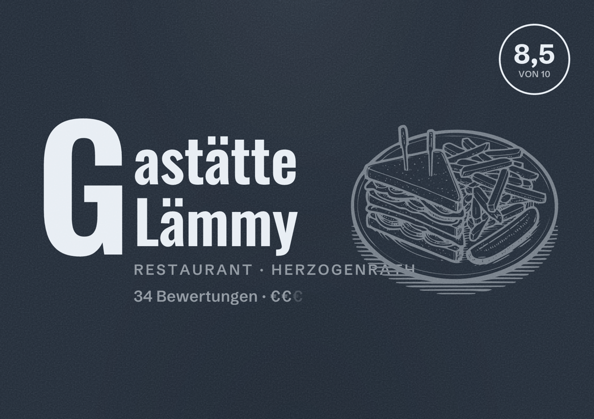 Illustriertes Poster von Gastätte Lämmy, Restaurant in Herzogenrath: Bewertung 8,5 von 10 aus 34 Bewertungen, Preisniveau €€