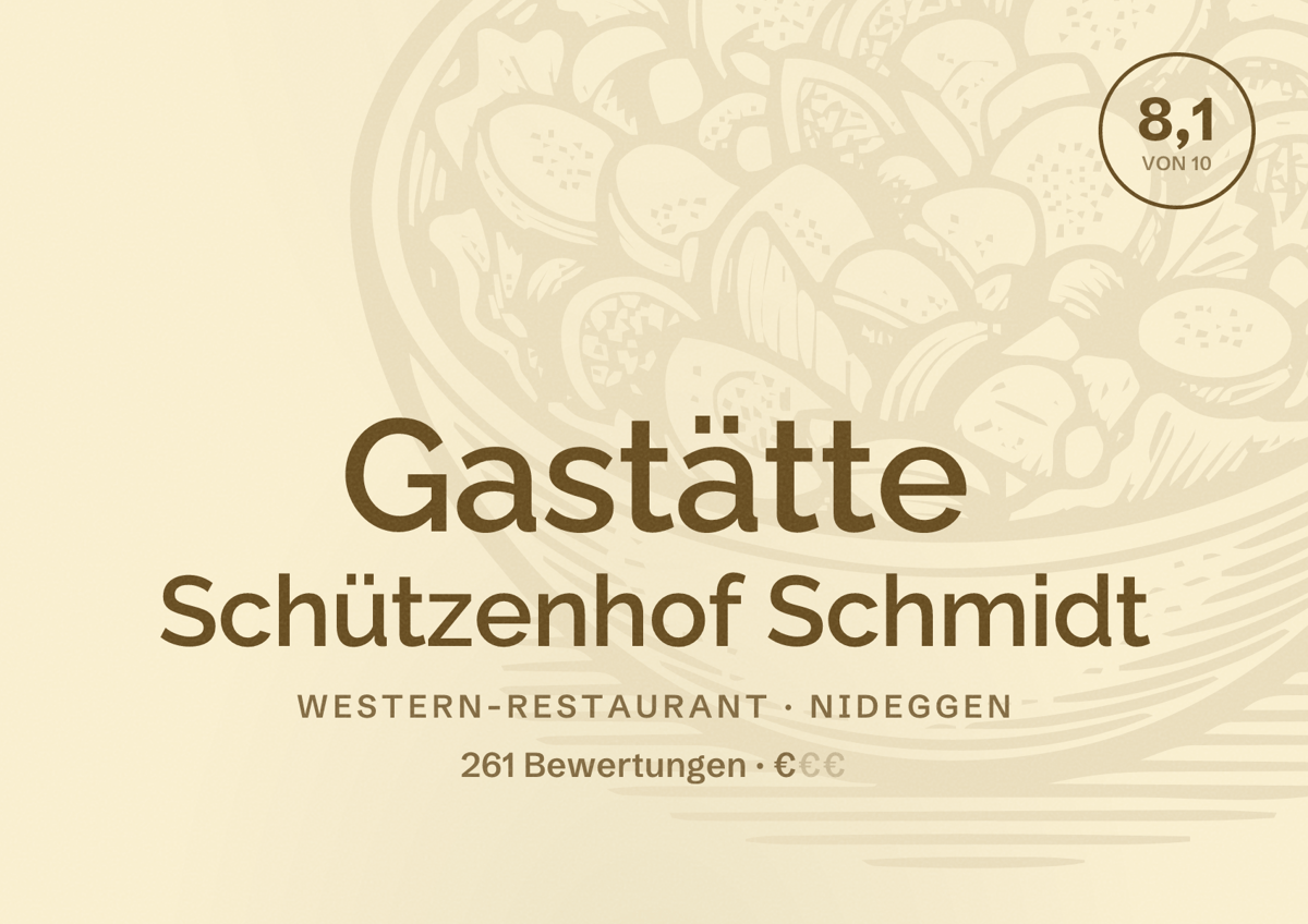 Illustriertes Poster von Gastätte Schützenhof Schmidt, Western-Restaurant in Nideggen: Bewertung 8,1 von 10 aus 261 Bewertungen, Preisniveau €