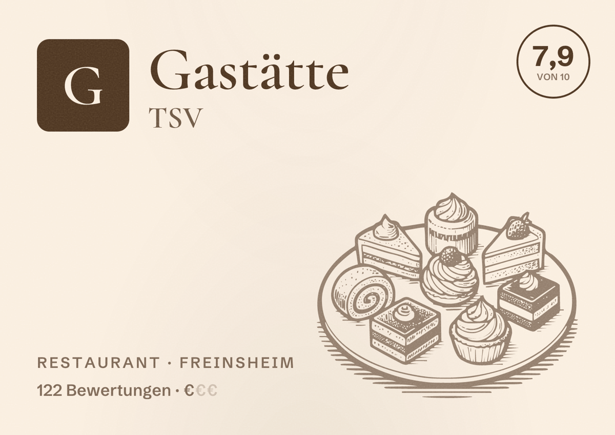 Illustriertes Poster von Gastätte TSV, Restaurant in Freinsheim: Bewertung 7,9 von 10 aus 122 Bewertungen, Preisniveau €