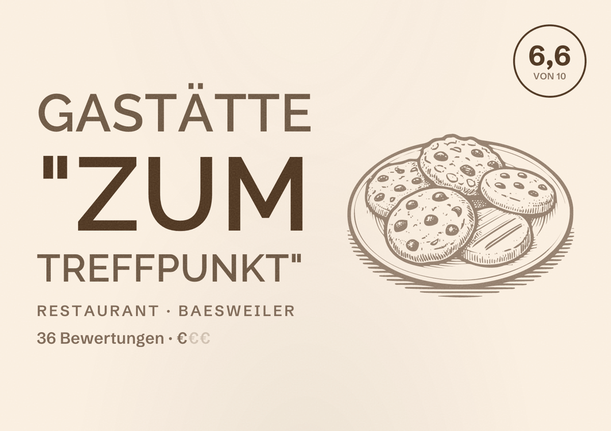 Illustriertes Poster von Gastätte "ZUM TREFFPUNKT", Restaurant in Baesweiler: Bewertung 6,6 von 10 aus 36 Bewertungen, Preisniveau €