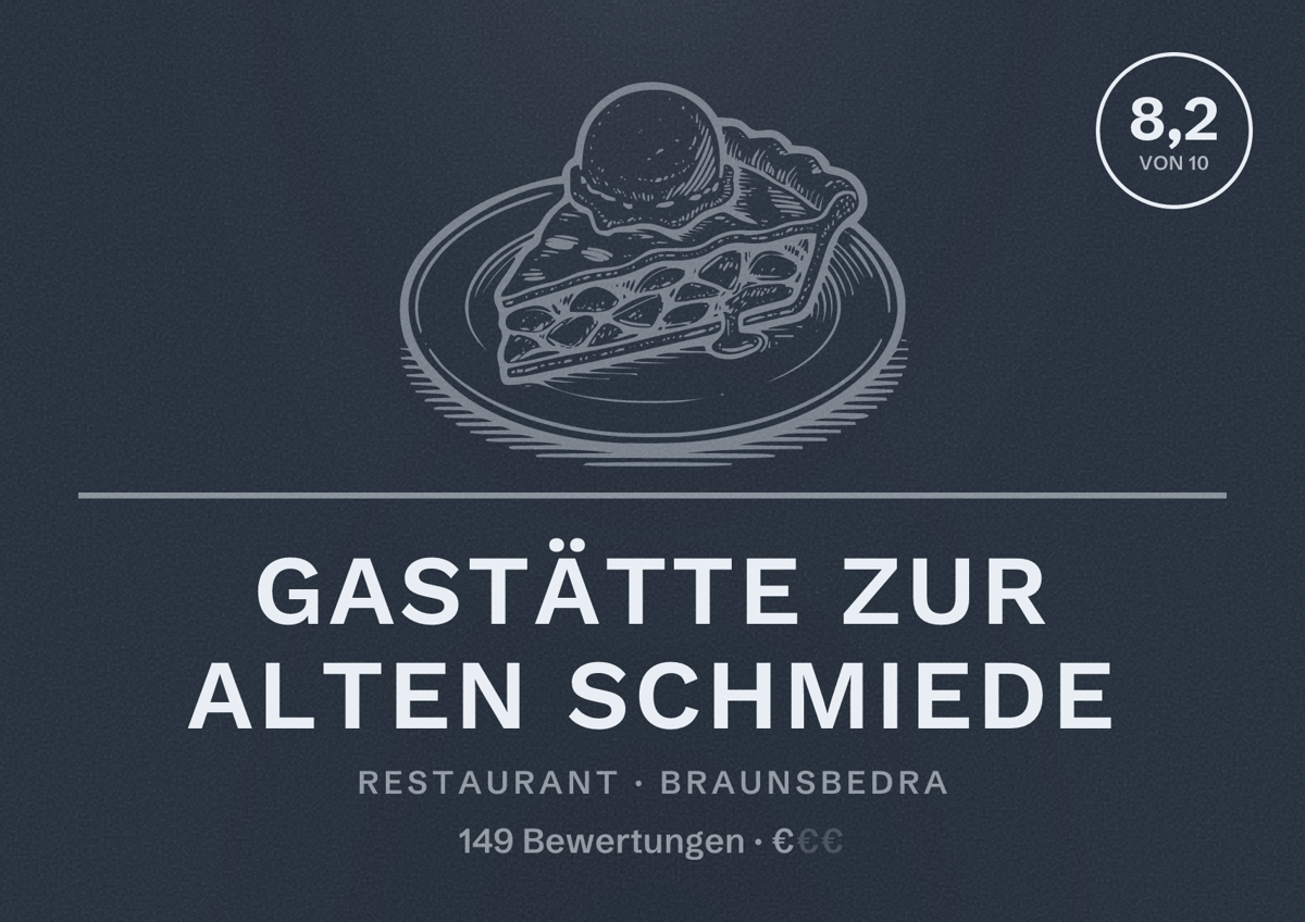Illustriertes Poster von Gastätte zur alten Schmiede, Restaurant in Braunsbedra: Bewertung 8,2 von 10 aus 149 Bewertungen, Preisniveau €
