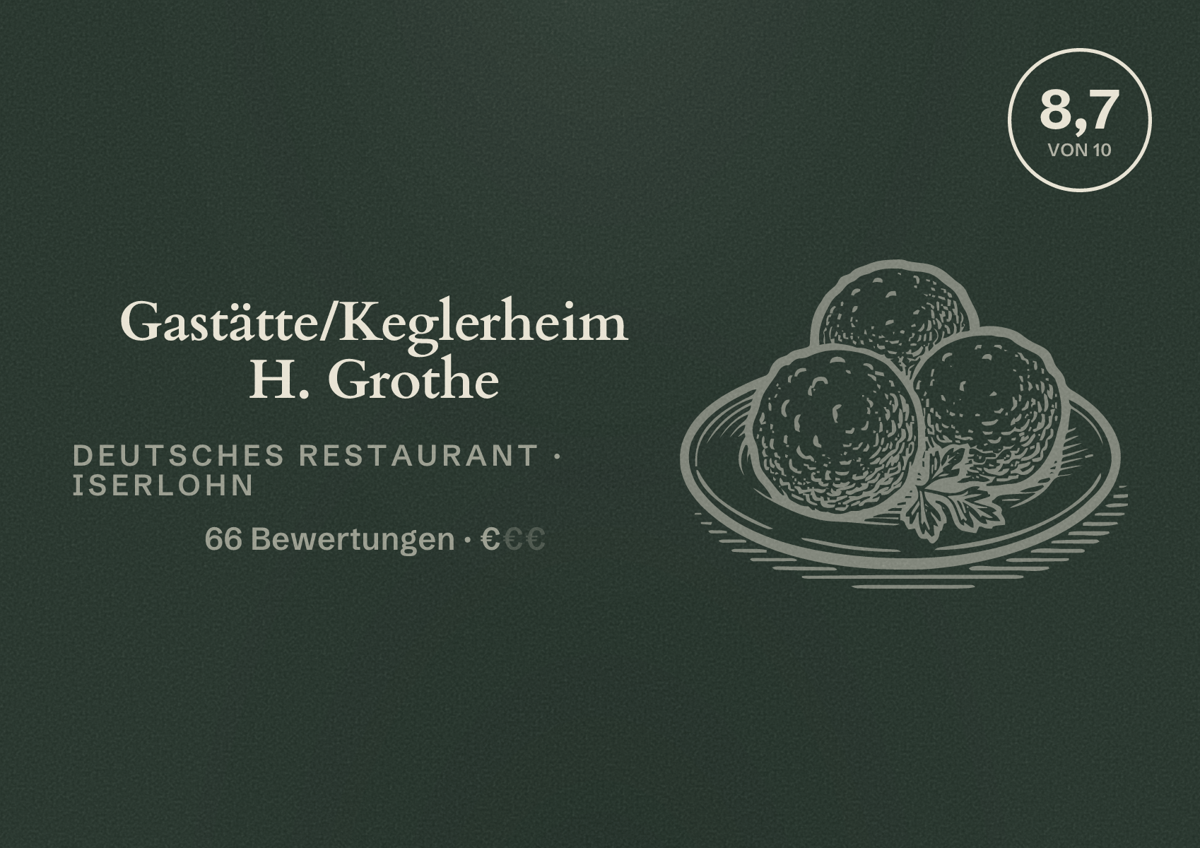 Illustriertes Poster von Gastätte/Keglerheim H. Grothe, Deutsches Restaurant in Iserlohn: Bewertung 8,7 von 10 aus 66 Bewertungen, Preisniveau €
