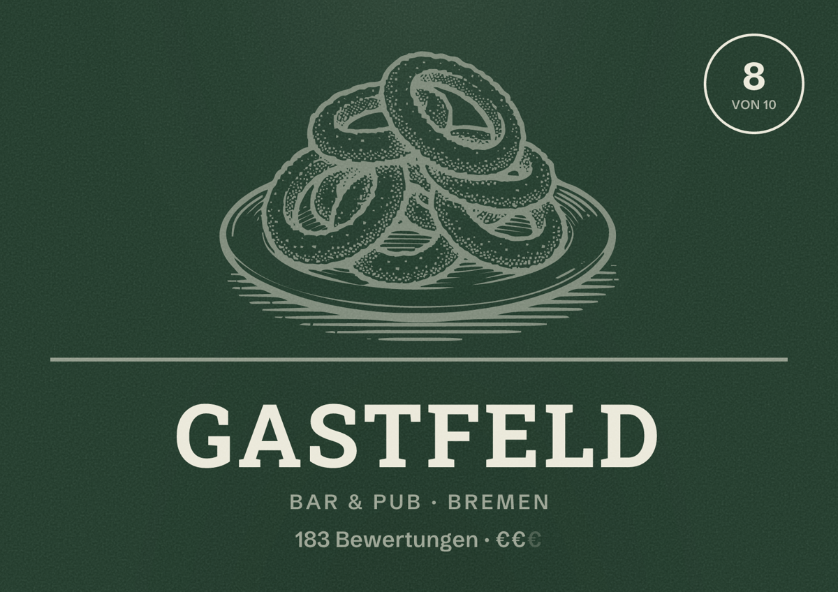 Illustriertes Poster von Gastfeld, Bar & Pub in Bremen: Bewertung 8 von 10 aus 183 Bewertungen, Preisniveau €€