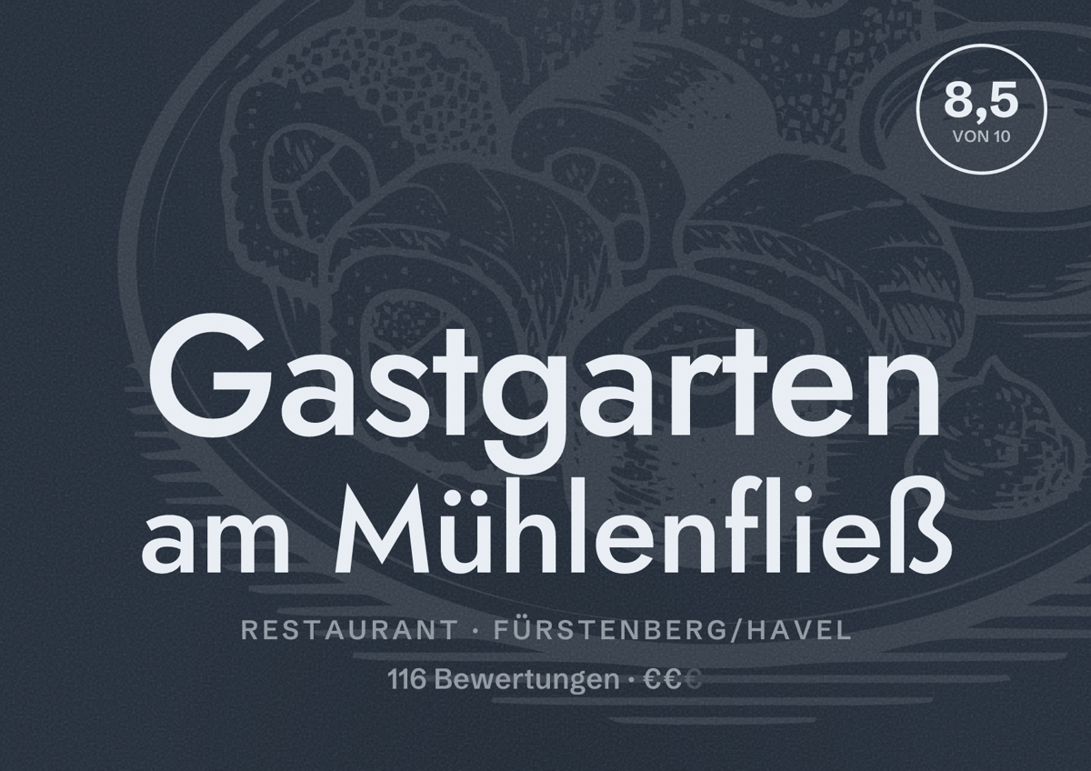 Illustriertes Poster von Gastgarten am Mühlenfließ, Restaurant in Fürstenberg/Havel: Bewertung 8,5 von 10 aus 116 Bewertungen, Preisniveau €€