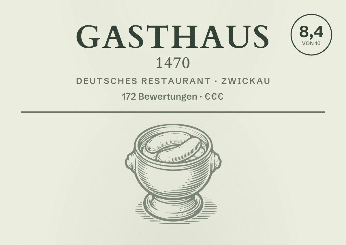 Illustriertes Poster von Gasthaus 1470, Deutsches Restaurant in Zwickau: Bewertung 8,4 von 10 aus 172 Bewertungen, Preisniveau €€€