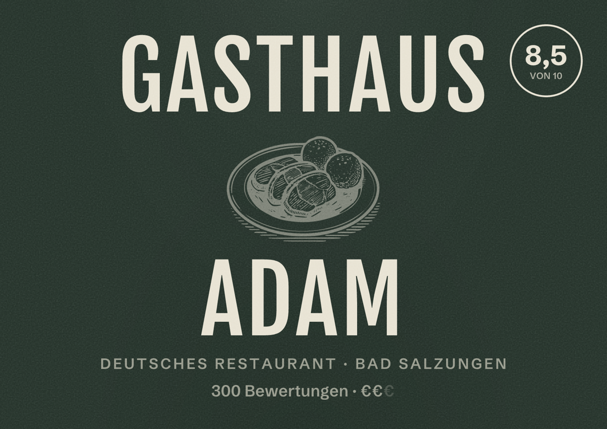 Illustriertes Poster von Gasthaus Adam, Deutsches Restaurant in Bad Salzungen: Bewertung 8,5 von 10 aus 300 Bewertungen, Preisniveau €€