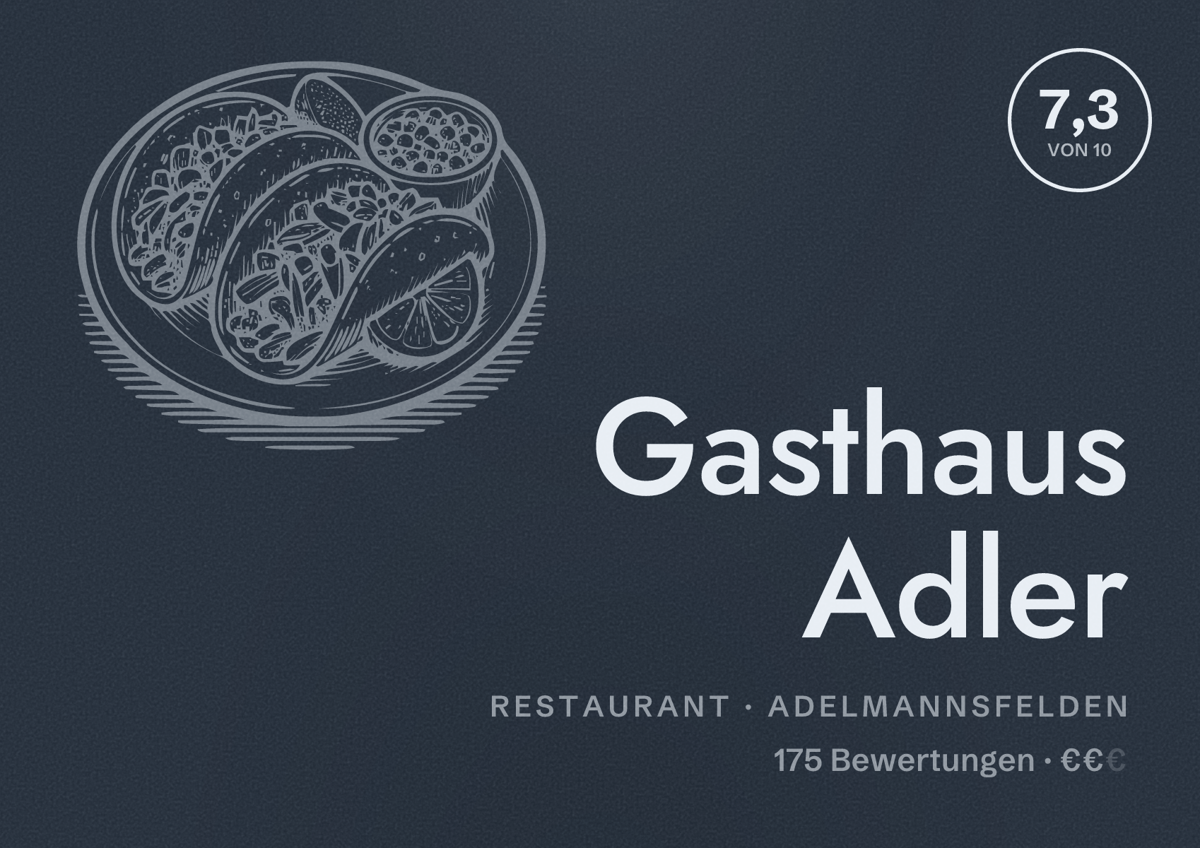 Illustriertes Poster von Gasthaus Adler, Restaurant in Adelmannsfelden: Bewertung 7,3 von 10 aus 175 Bewertungen, Preisniveau €€