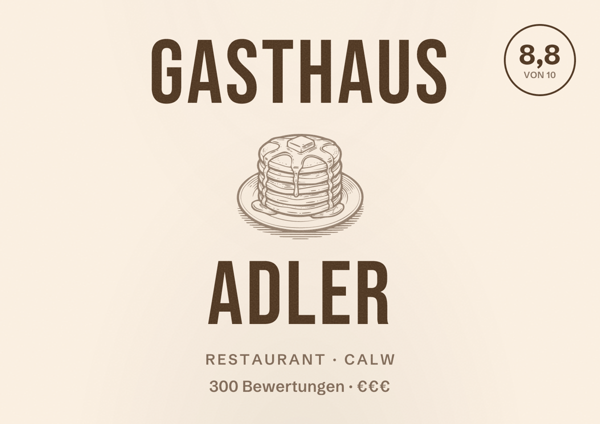 Illustriertes Poster von Gasthaus Adler, Restaurant in Calw: Bewertung 8,8 von 10 aus 300 Bewertungen, Preisniveau €€€