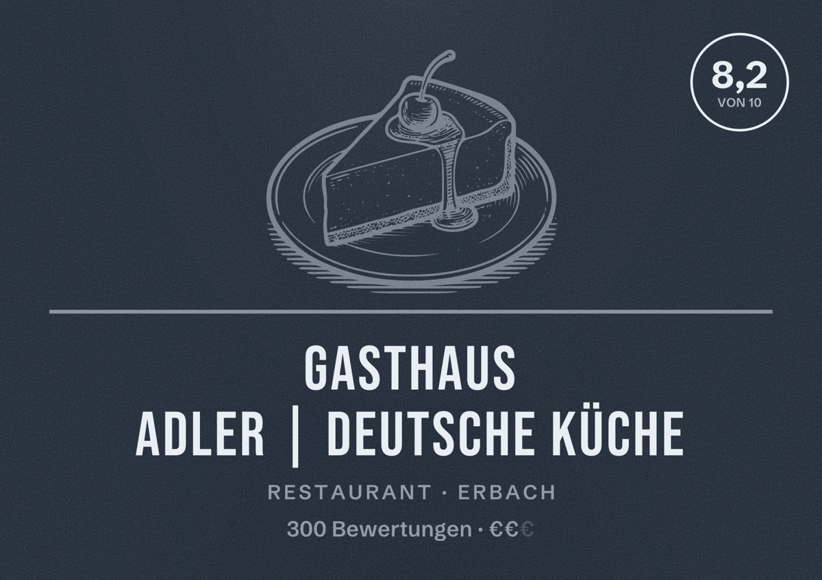 Illustriertes Poster von Gasthaus Adler | Deutsche Küche, Restaurant in Erbach: Bewertung 8,2 von 10 aus 300 Bewertungen, Preisniveau €€