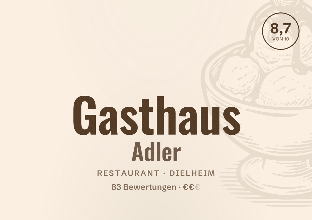 Illustriertes Poster von Gasthaus Adler, Restaurant in Dielheim: Bewertung 8,7 von 10 aus 83 Bewertungen, Preisniveau €€