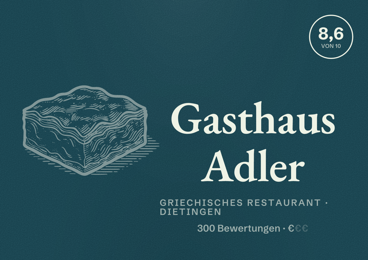 Illustriertes Poster von Gasthaus Adler, Griechisches Restaurant in Dietingen: Bewertung 8,6 von 10 aus 300 Bewertungen, Preisniveau €