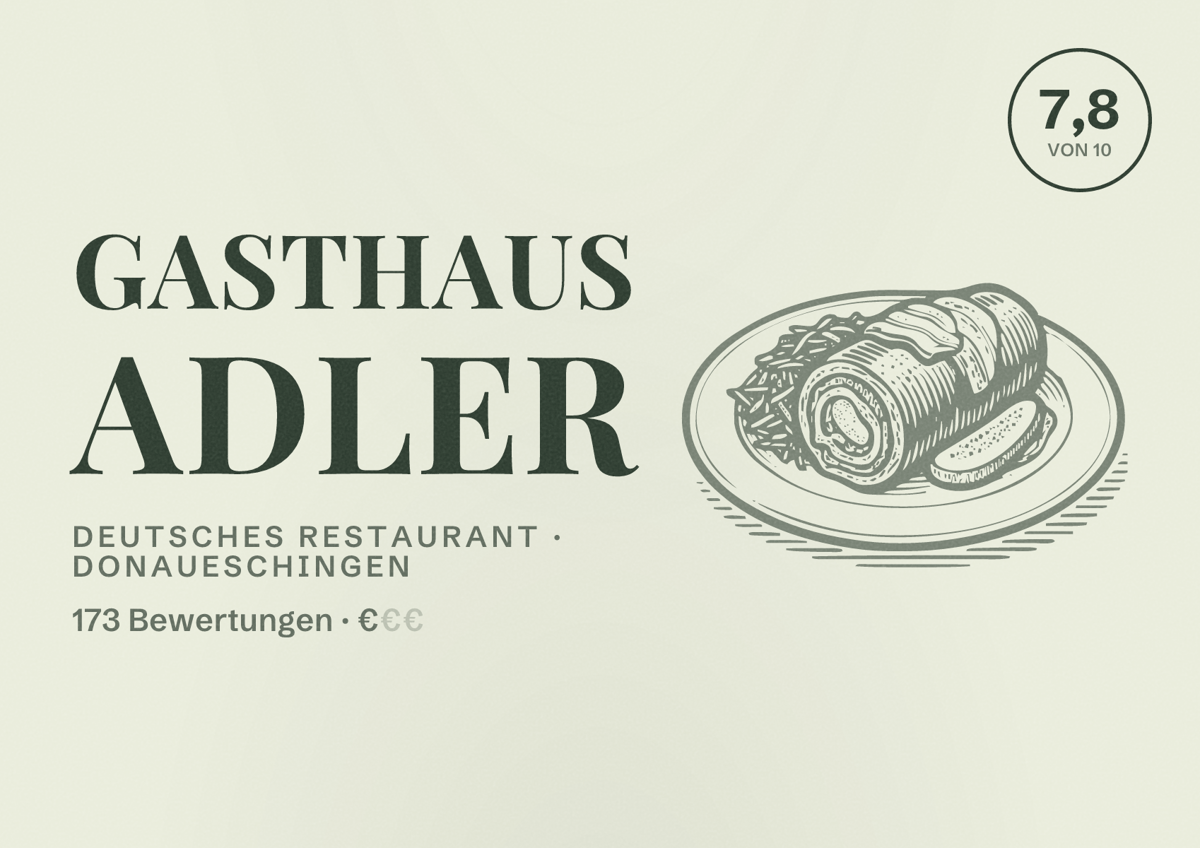 Illustriertes Poster von Gasthaus Adler, Deutsches Restaurant in Donaueschingen: Bewertung 7,8 von 10 aus 173 Bewertungen, Preisniveau €