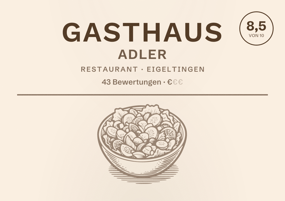 Illustriertes Poster von Gasthaus Adler, Restaurant in Eigeltingen: Bewertung 8,5 von 10 aus 43 Bewertungen, Preisniveau €