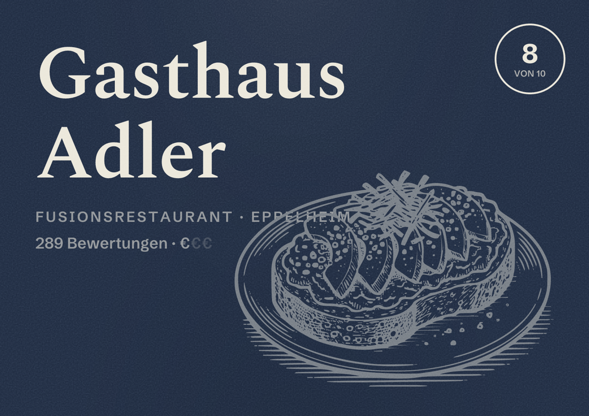 Illustriertes Poster von Gasthaus Adler, Fusionsrestaurant in Eppelheim: Bewertung 8 von 10 aus 289 Bewertungen, Preisniveau €