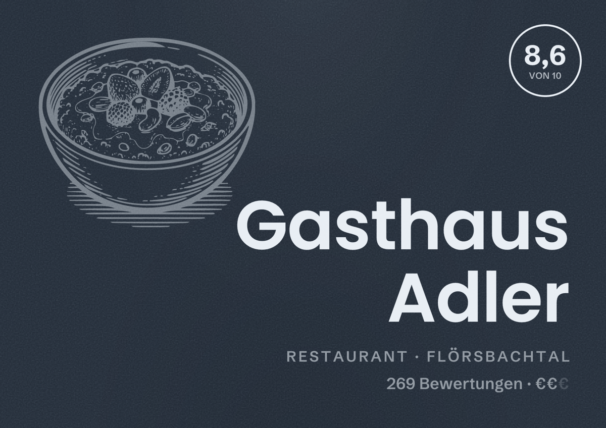 Illustriertes Poster von Gasthaus Adler, Restaurant in Flörsbachtal: Bewertung 8,6 von 10 aus 269 Bewertungen, Preisniveau €€