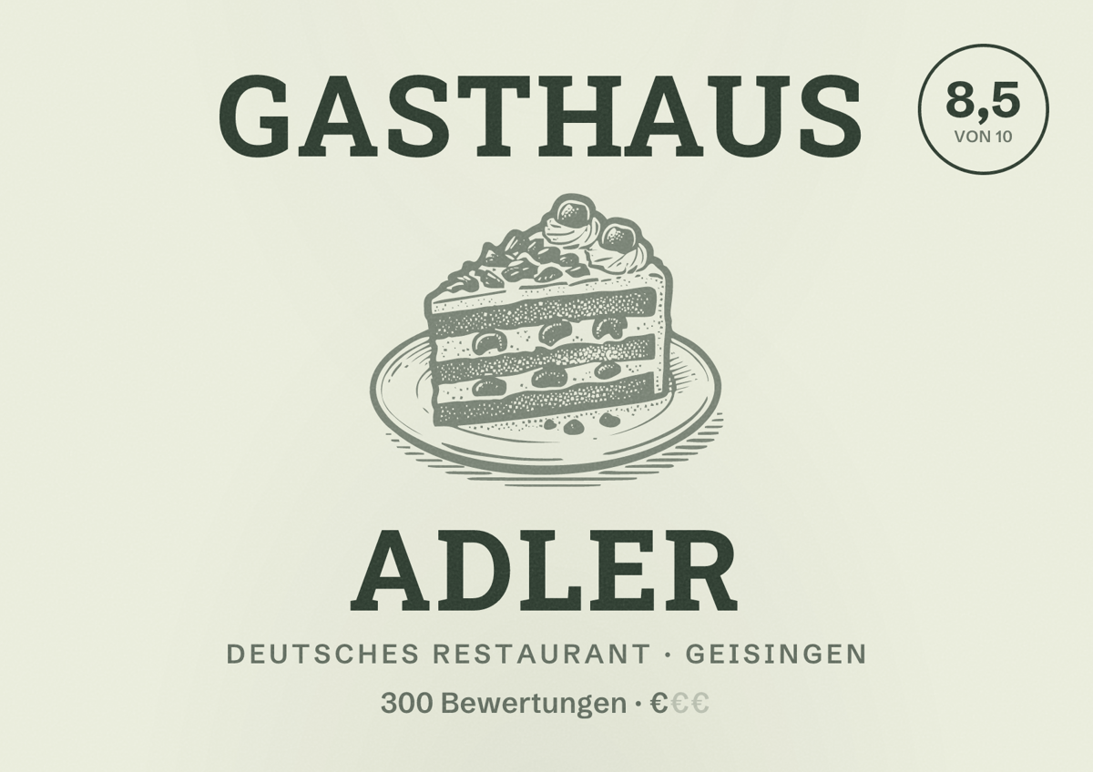 Illustriertes Poster von Gasthaus Adler, Deutsches Restaurant in Geisingen: Bewertung 8,5 von 10 aus 300 Bewertungen, Preisniveau €