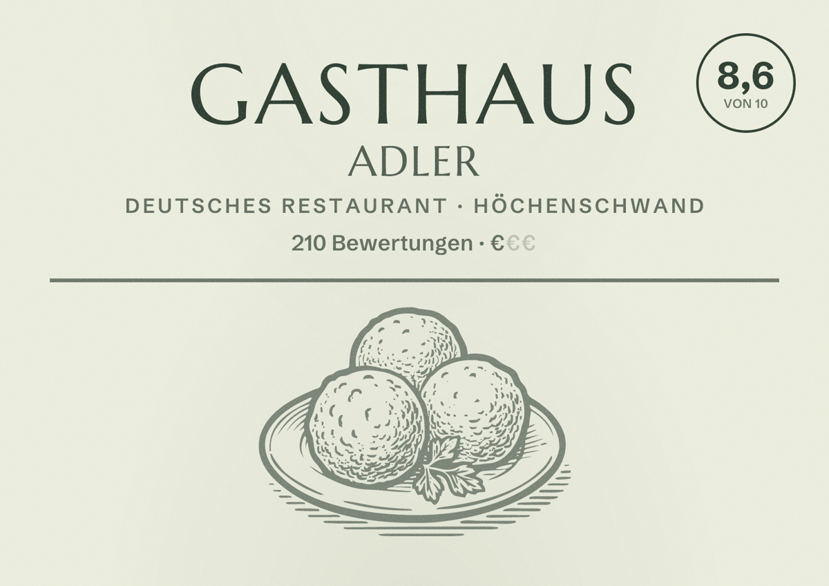 Illustriertes Poster von Gasthaus Adler, Deutsches Restaurant in Höchenschwand: Bewertung 8,6 von 10 aus 210 Bewertungen, Preisniveau €