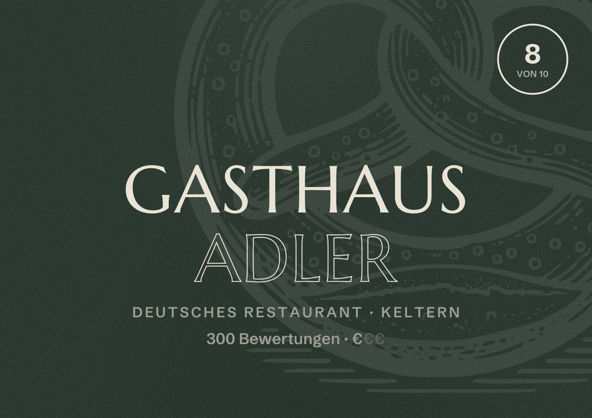 Illustriertes Poster von Gasthaus Adler, Deutsches Restaurant in Keltern: Bewertung 8 von 10 aus 300 Bewertungen, Preisniveau €