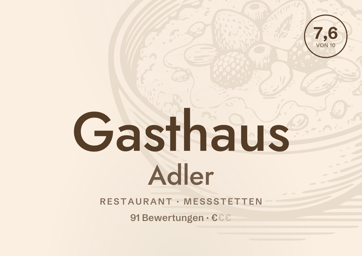 Illustriertes Poster von Gasthaus Adler, Restaurant in Meßstetten: Bewertung 7,6 von 10 aus 91 Bewertungen, Preisniveau €