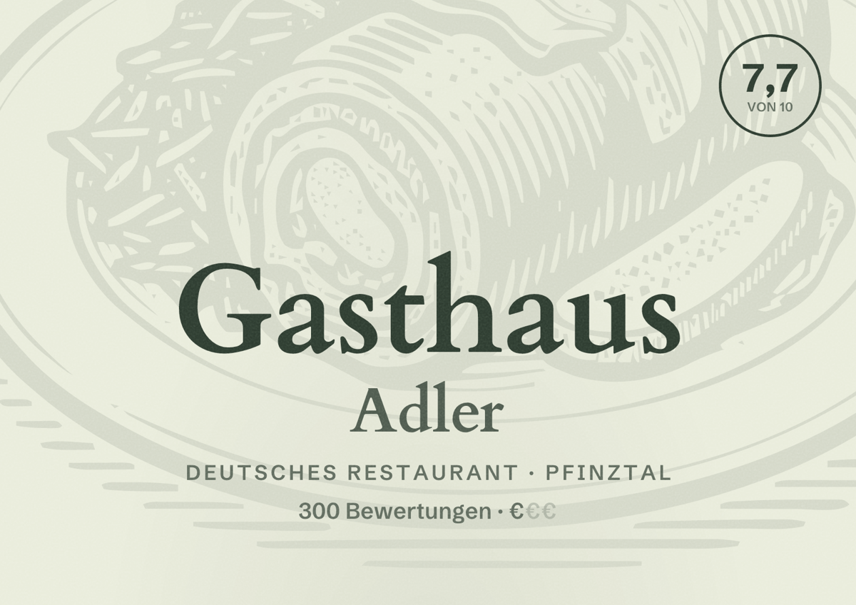 Illustriertes Poster von Gasthaus Adler, Deutsches Restaurant in Pfinztal: Bewertung 7,7 von 10 aus 300 Bewertungen, Preisniveau €