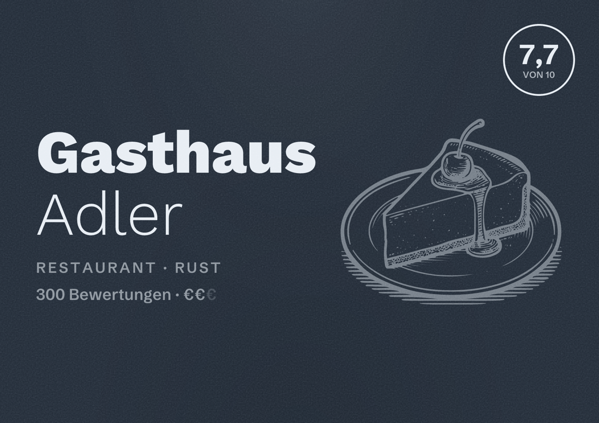 Illustriertes Poster von Gasthaus Adler, Restaurant in Rust: Bewertung 7,7 von 10 aus 300 Bewertungen, Preisniveau €€