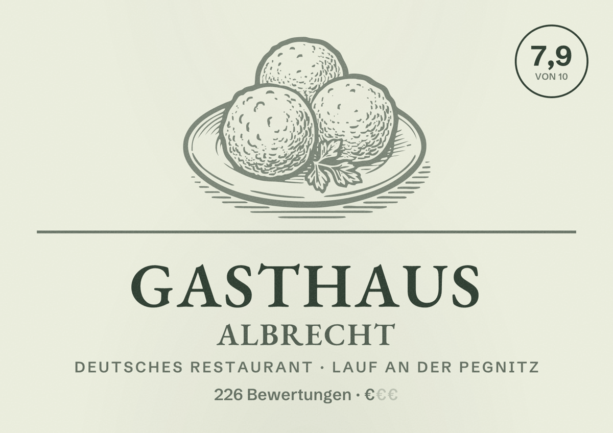 Illustriertes Poster von Gasthaus Albrecht, Deutsches Restaurant in Lauf an der Pegnitz: Bewertung 7,9 von 10 aus 226 Bewertungen, Preisniveau €