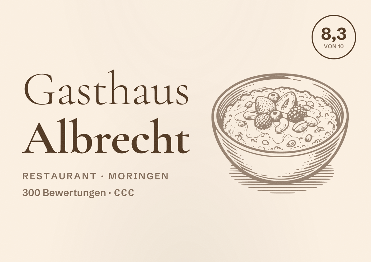 Illustriertes Poster von Gasthaus Albrecht, Restaurant in Moringen: Bewertung 8,3 von 10 aus 300 Bewertungen, Preisniveau €€€