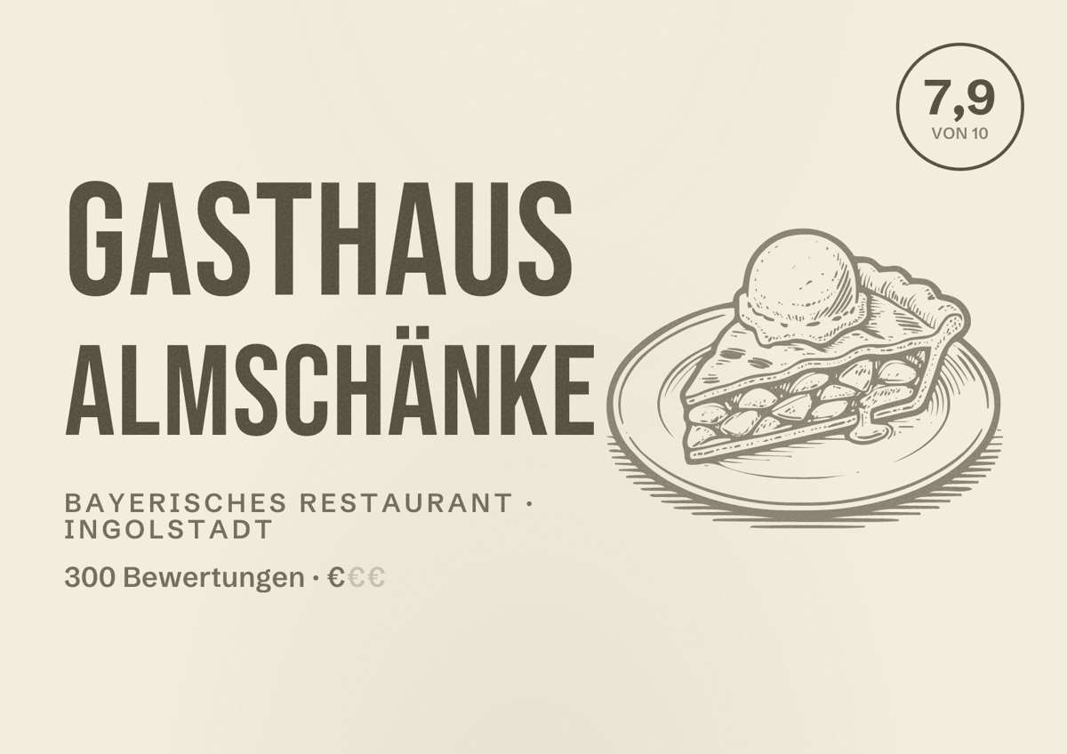 Illustriertes Poster von Gasthaus Almschänke, Bayerisches Restaurant in Ingolstadt: Bewertung 7,9 von 10 aus 300 Bewertungen, Preisniveau €