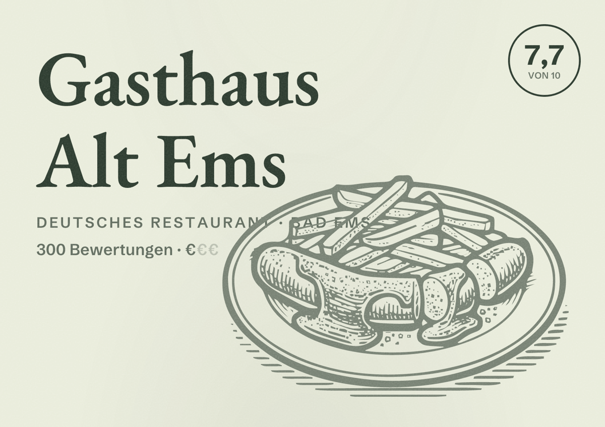 Illustriertes Poster von Gasthaus Alt Ems, Deutsches Restaurant in Bad Ems: Bewertung 7,7 von 10 aus 300 Bewertungen, Preisniveau €