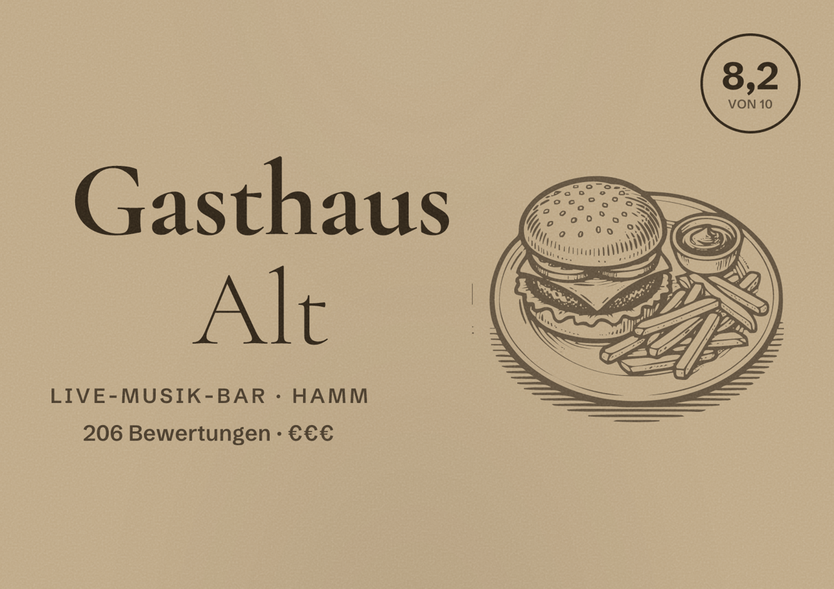 Illustriertes Poster von Gasthaus Alt, Live-Musik-Bar in Hamm: Bewertung 8,2 von 10 aus 206 Bewertungen, Preisniveau €€€