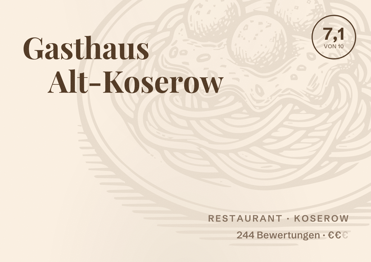 Illustriertes Poster von Gasthaus Alt-Koserow, Restaurant in Koserow: Bewertung 7,1 von 10 aus 244 Bewertungen, Preisniveau €€