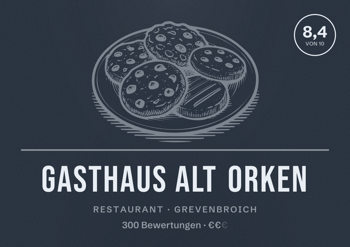 Illustriertes Poster von Gasthaus Alt Orken, Restaurant in Grevenbroich: Bewertung 8,4 von 10 aus 300 Bewertungen, Preisniveau €€