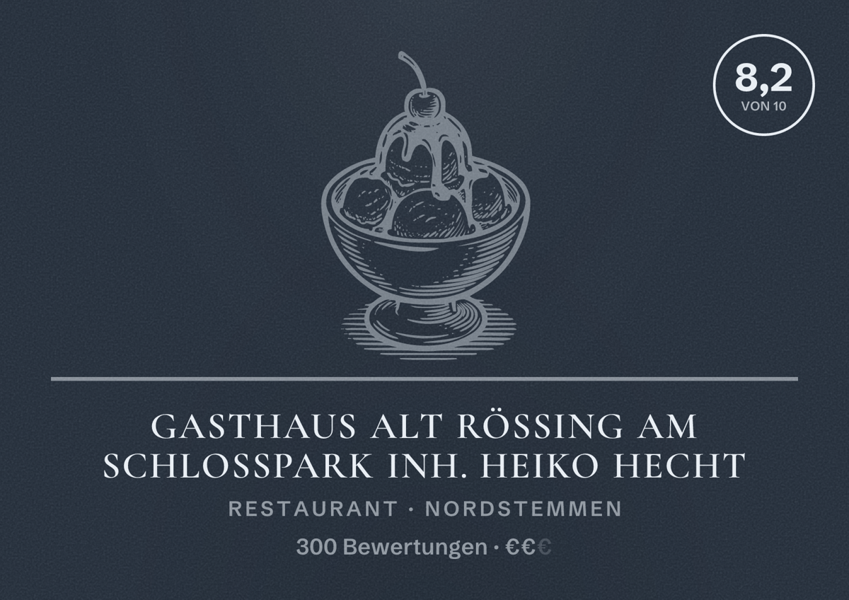 Illustriertes Poster von Gasthaus Alt Rössing Am Schlosspark Inh. Heiko Hecht, Restaurant in Nordstemmen: Bewertung 8,2 von 10 aus 300 Bewertungen, Preisniveau €€