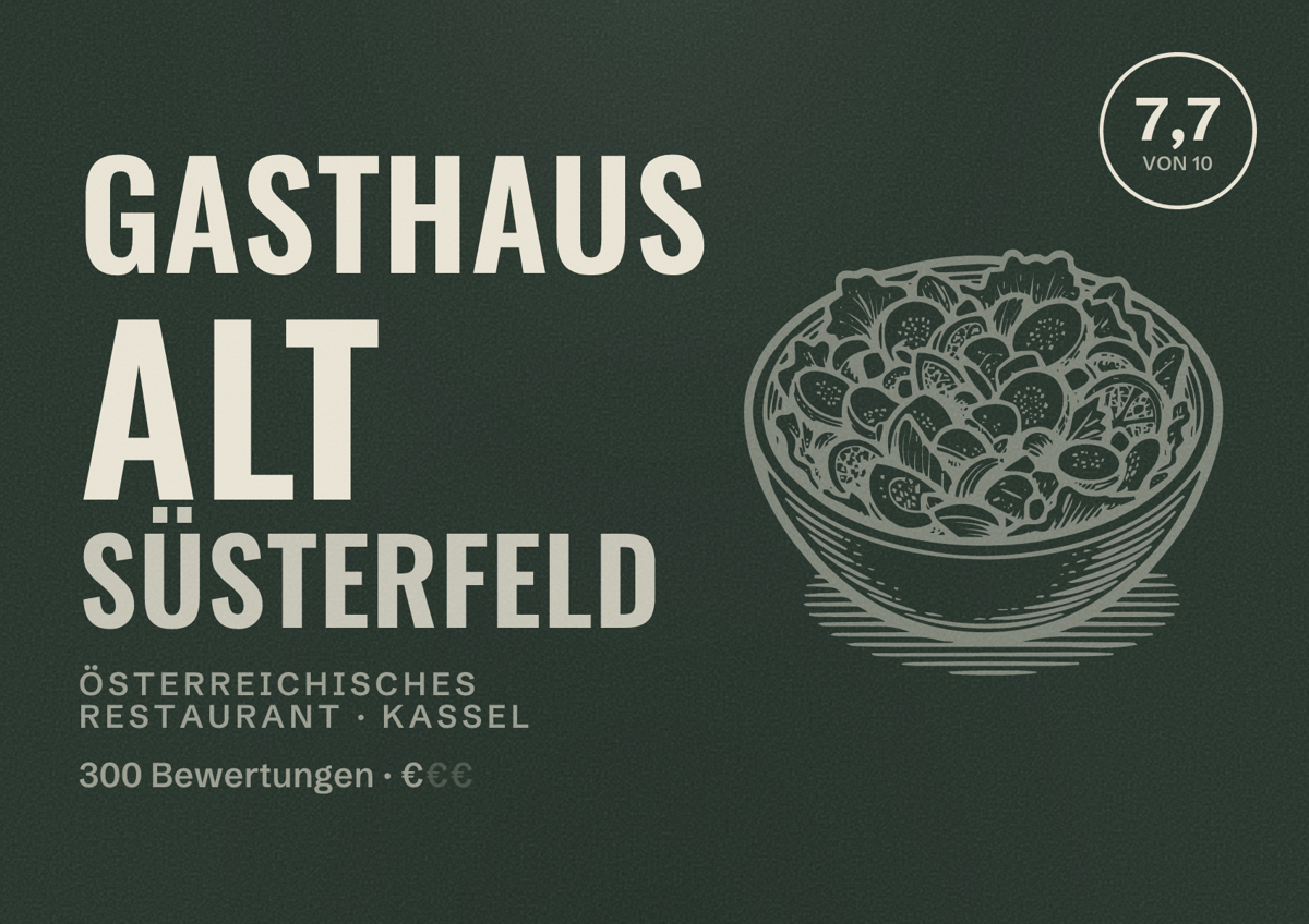 Illustriertes Poster von Gasthaus Alt Süsterfeld, Österreichisches Restaurant in Kassel: Bewertung 7,7 von 10 aus 300 Bewertungen, Preisniveau €