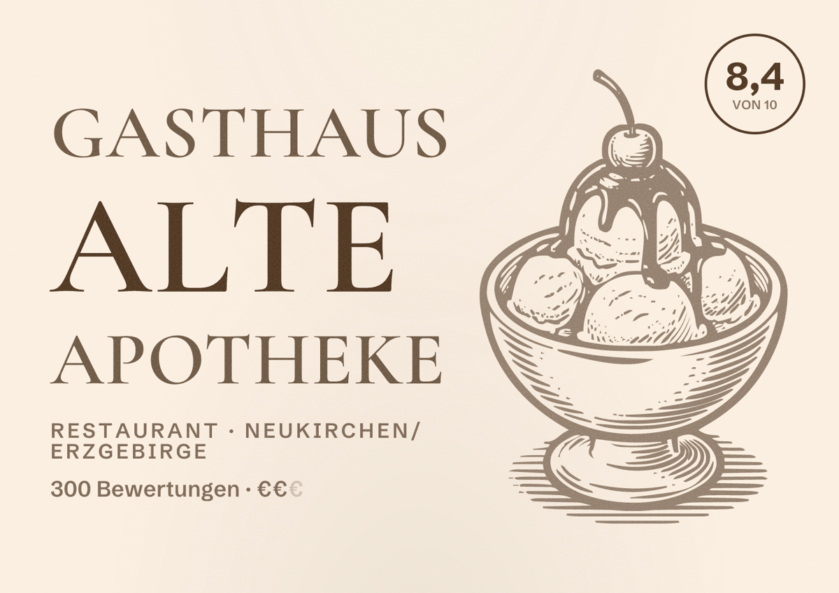 Illustriertes Poster von Gasthaus Alte Apotheke, Restaurant in Neukirchen/Erzgebirge: Bewertung 8,4 von 10 aus 300 Bewertungen, Preisniveau €€
